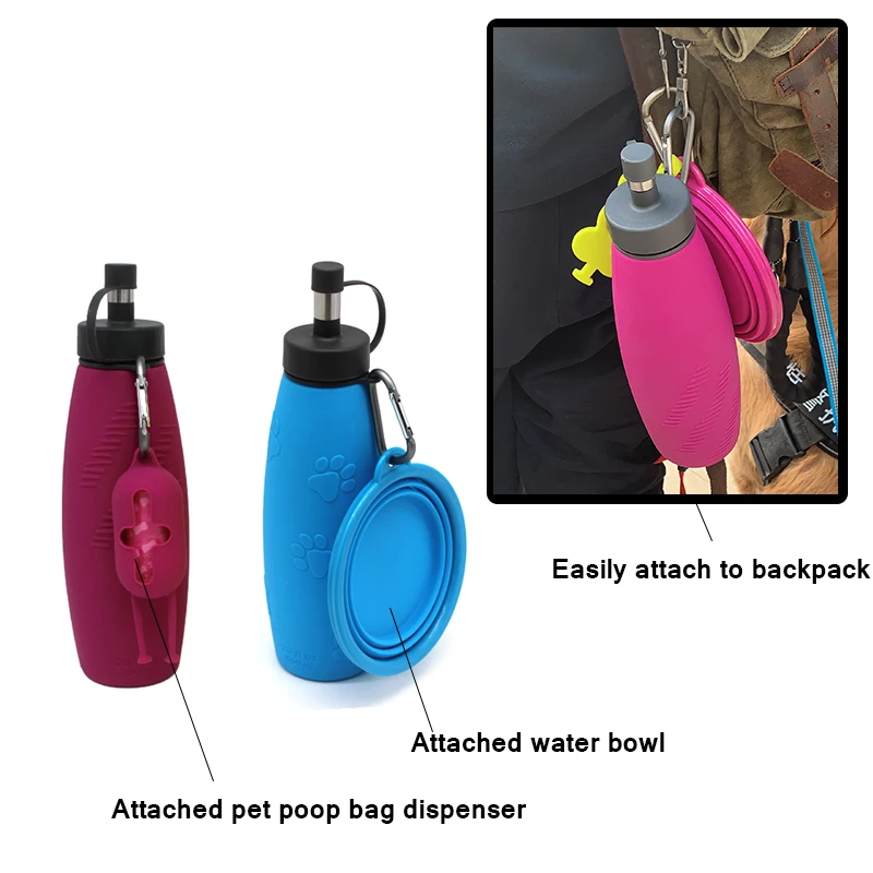 Collapsible Reusable Water Bottle with Carabiner Light Weight Leak Proof Foldable dog drinking bottles - Non-Toxic BPA Free