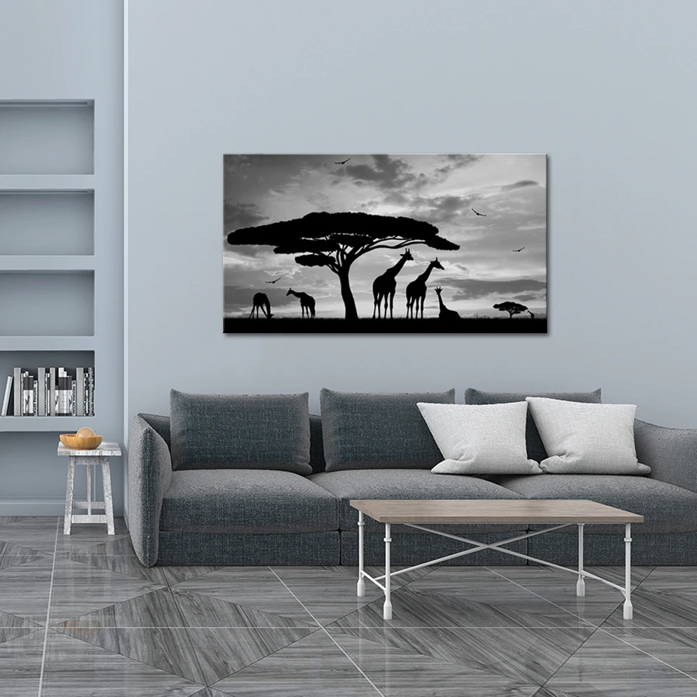 Animal Canvas Wall Art Giraffe Family under a Tree Painting Print Black and White Landscape Artwork Picture for Modern