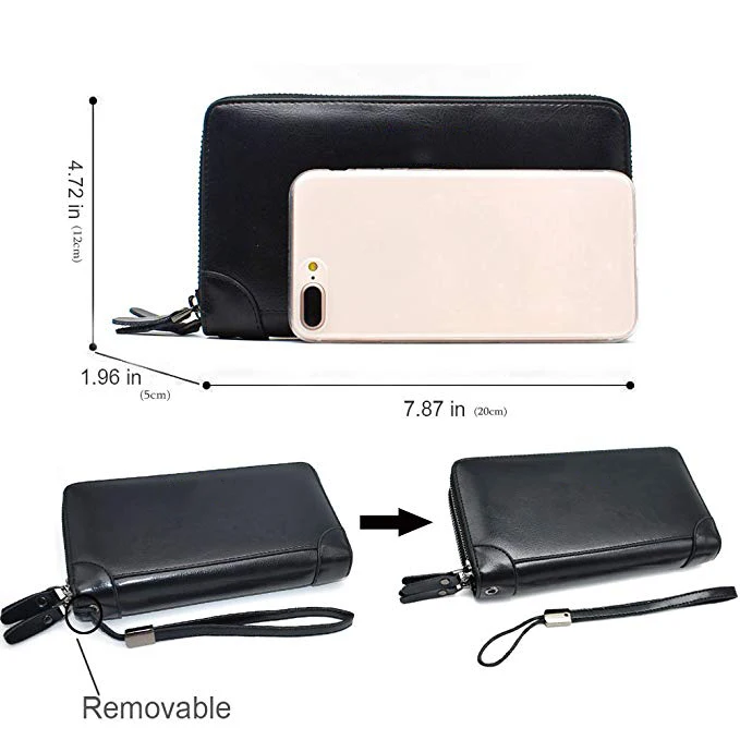 Mens Clutch Bag Handbag Leather Zipper Long Wallet Business Hand Clutch Phone Holder
