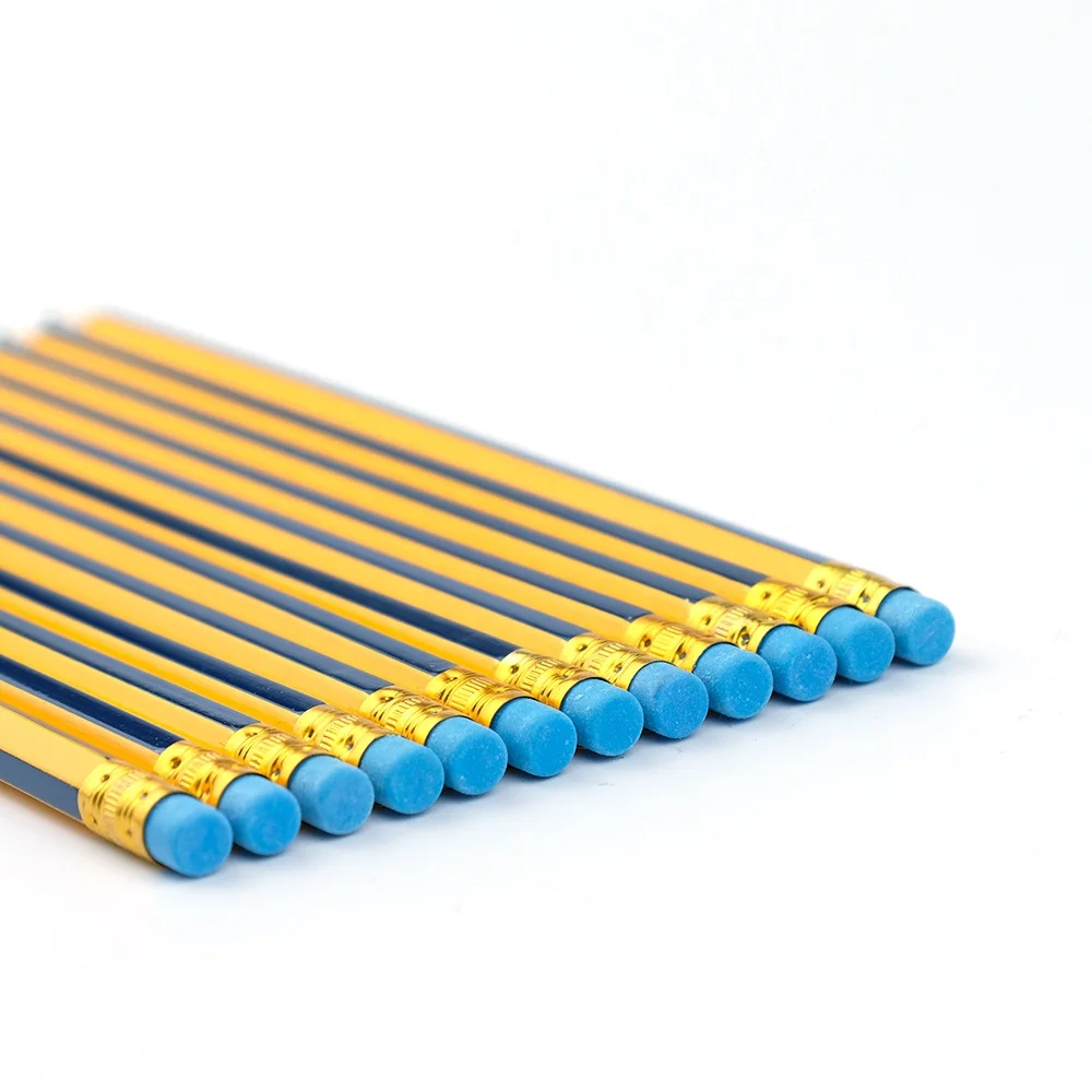 2022 China Custom Logo Promotional Stripes HB Wooden Pencil with Eraser Topper