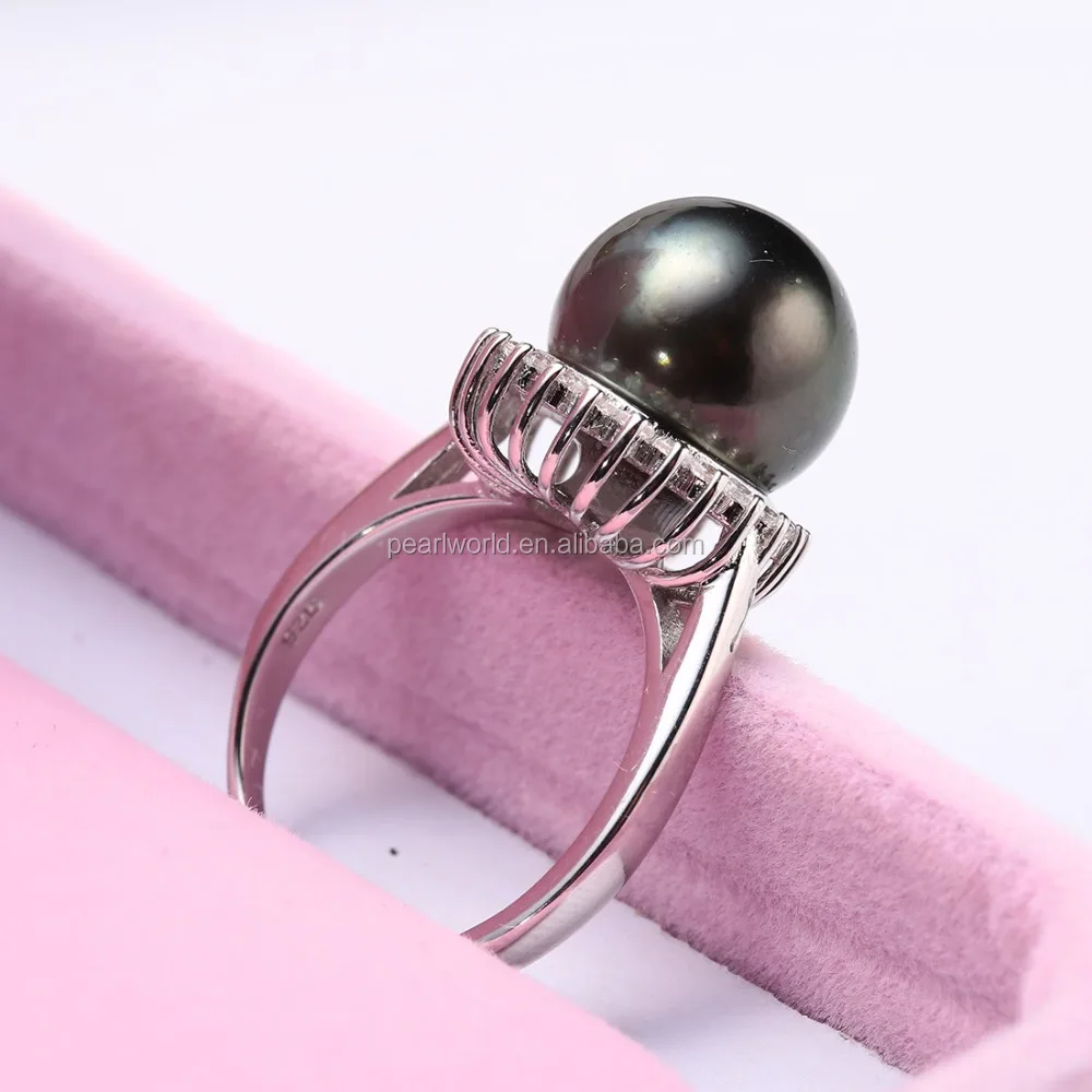 FEIRUN 11-12mm Round New Fashion Pearl Ring Jewelry, Tahitian Pearl Ring, 925 Sterling Silver Pearl Ring