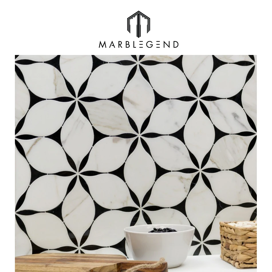 natural stone Black and white marble flower mosaic tile