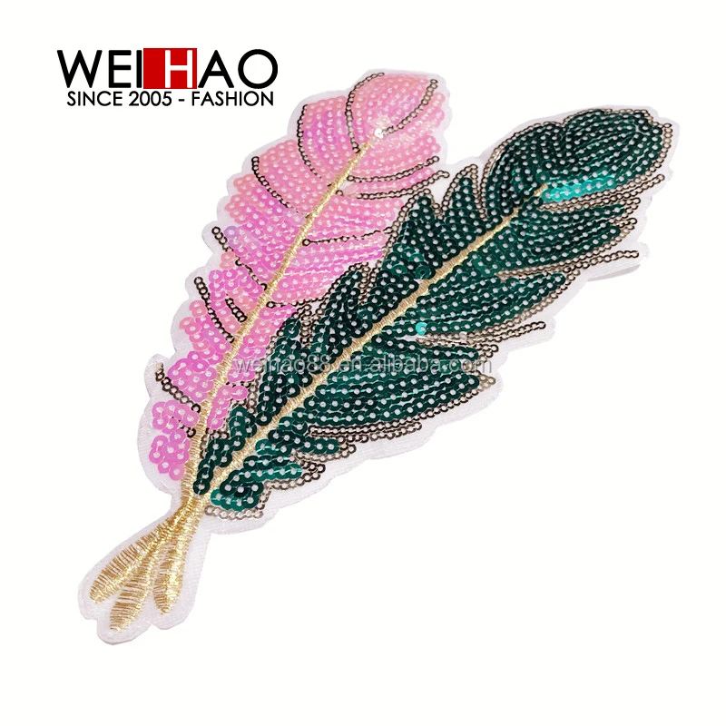 Pluma sequin patch/custom feather embroidery patches/applique 5mm colorful sequins