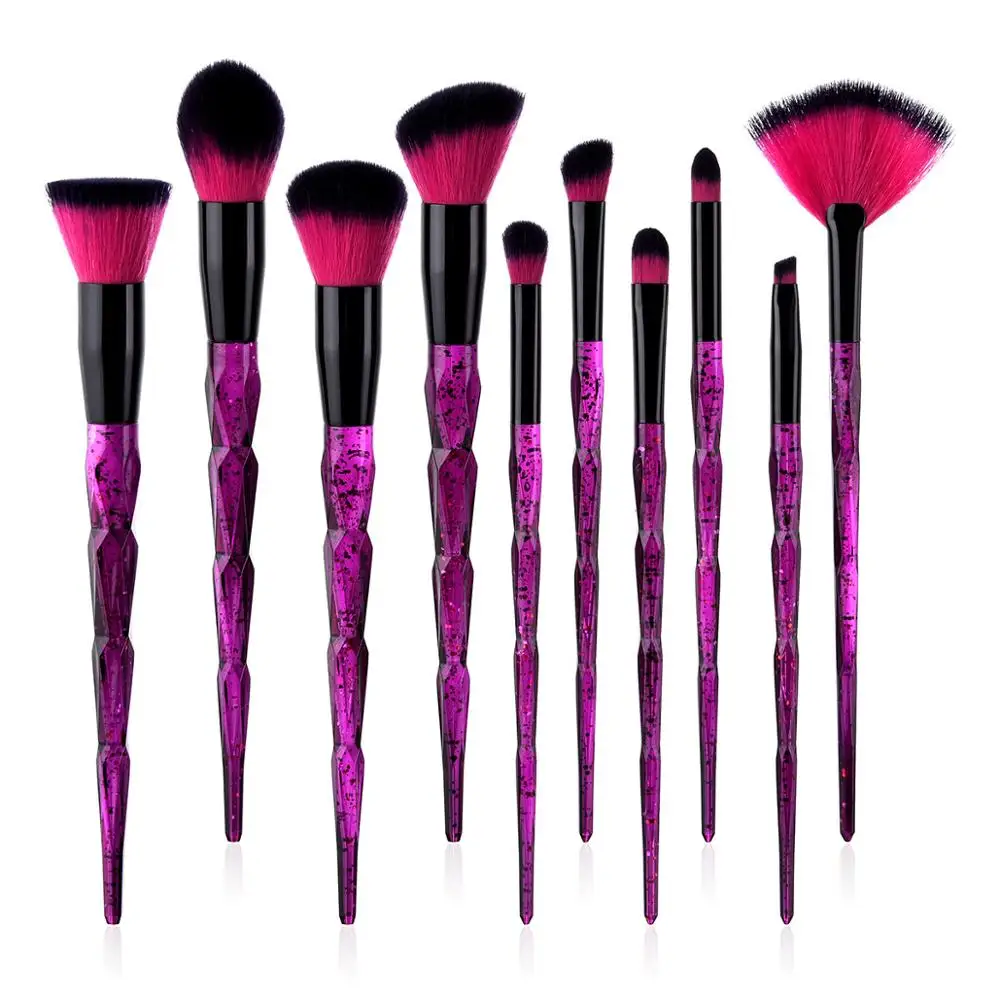 2019 Popular Cosmetic Rose Red Black Hair Makeup Brushes Purple Crystal Diamond Sky Long Handle Make Up Brush with 10 pcs set