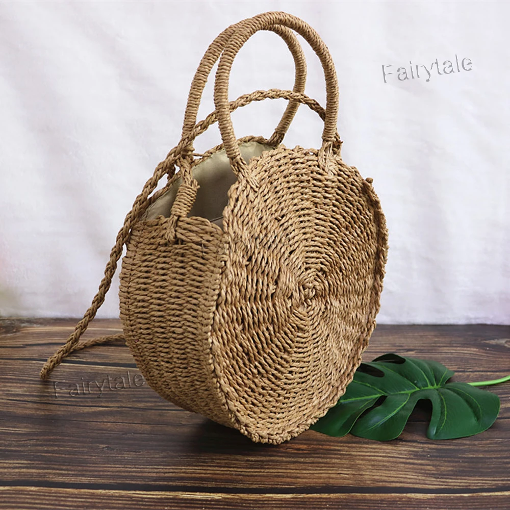 
Vintage Hand Woven Round Beach Bag Handles Sea Bali Straw Bag 