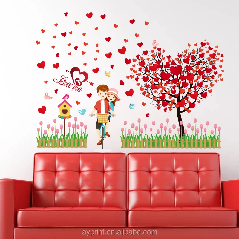 SK9207 New design love tree red loving heart bicycle lover wall sticker home decorative removable
