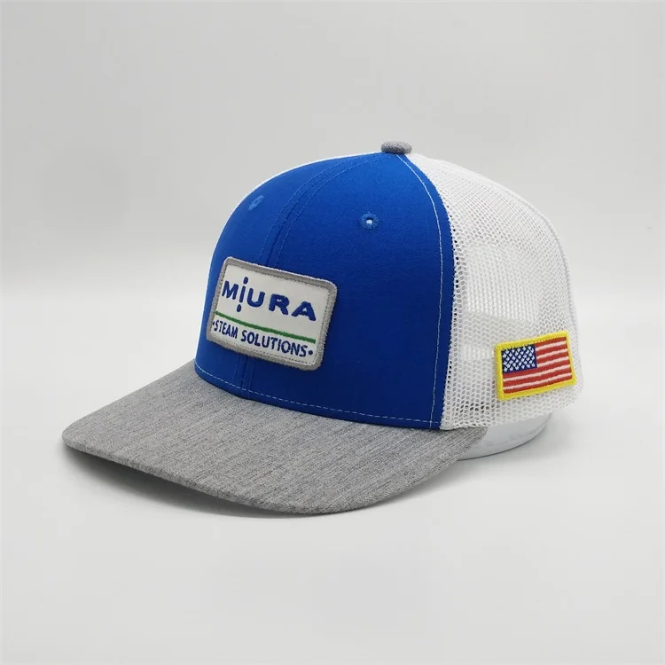 Wholesale Custom High Quality 6 Panel Cotton Twill Royal Blue American Flag Embroidery Patch Mesh Snap Back Trucker Caps Hat