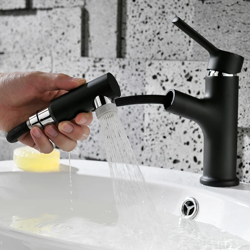 FLG Newest sanitary ware Basin Mixer zwarte kraan pull out Bathroom basin faucet with Two kinds of water outlet function