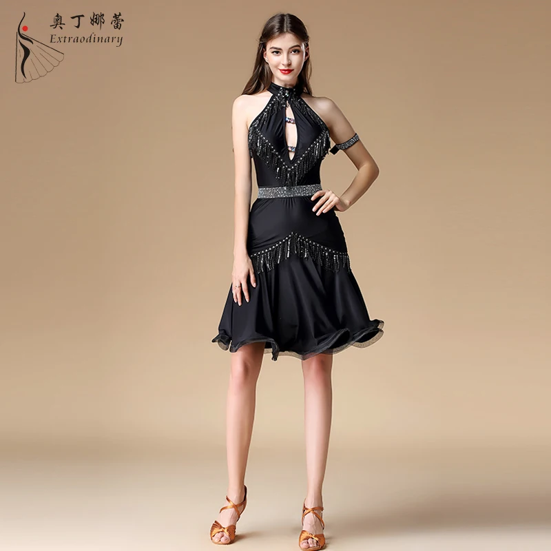 Women sexy backless Latin Dance Dresses Woman Adult Costume with rhinestone belt belly dancing belt