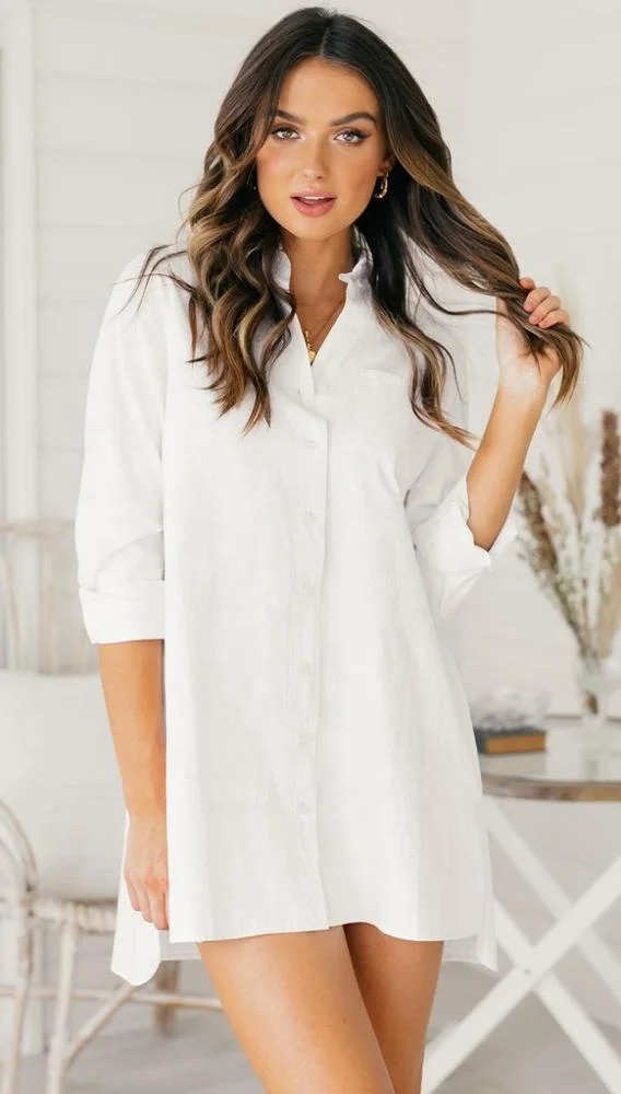 Casual Women Custom Long Sleeve 100% Cotton White T Shirt Dress