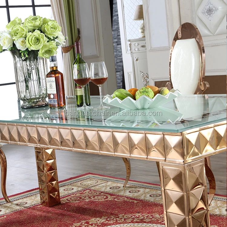 
Luxury antique rectangle glass top dining table and chair set 