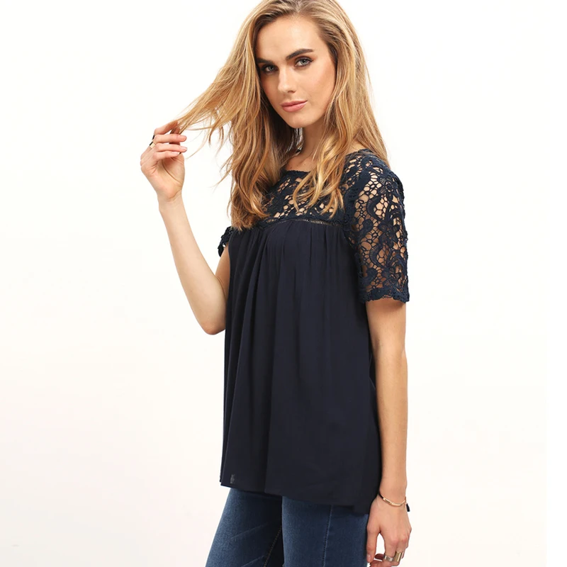 Ecoach lace patch work blouse designs royal blue 100%rayon criss cross back crochet blouse only ladies blouse design for lady