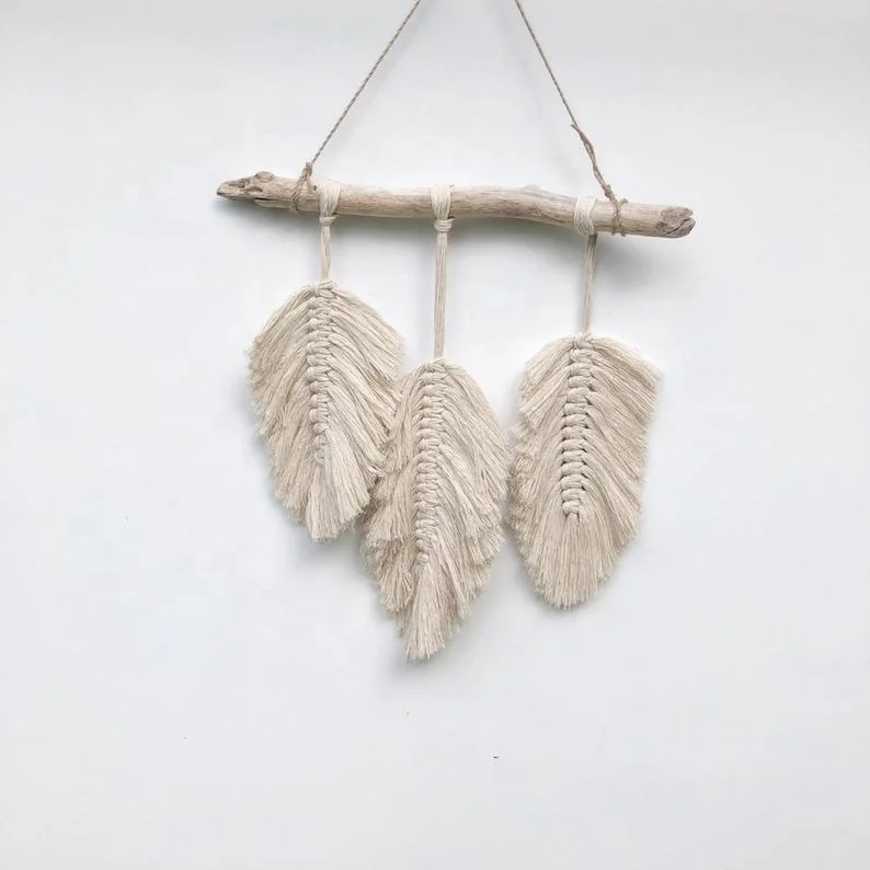 Handmade Boho decor Macrame leaf Feather Tapestry Wall Hanging with cotton yarn