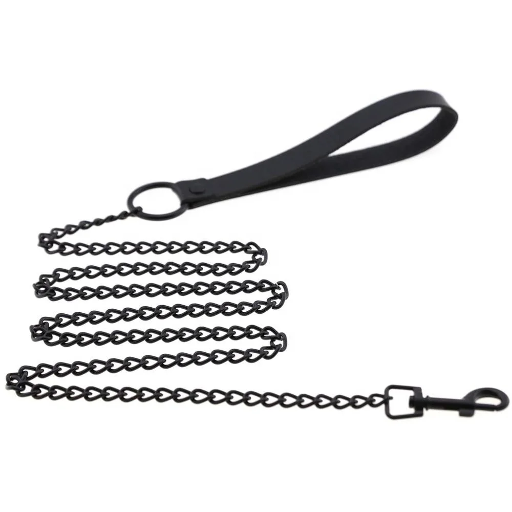 PU Leather Handle Pet Traction Rope Dark Black Metal Chain Traction Belt,Sex Toys For Couple