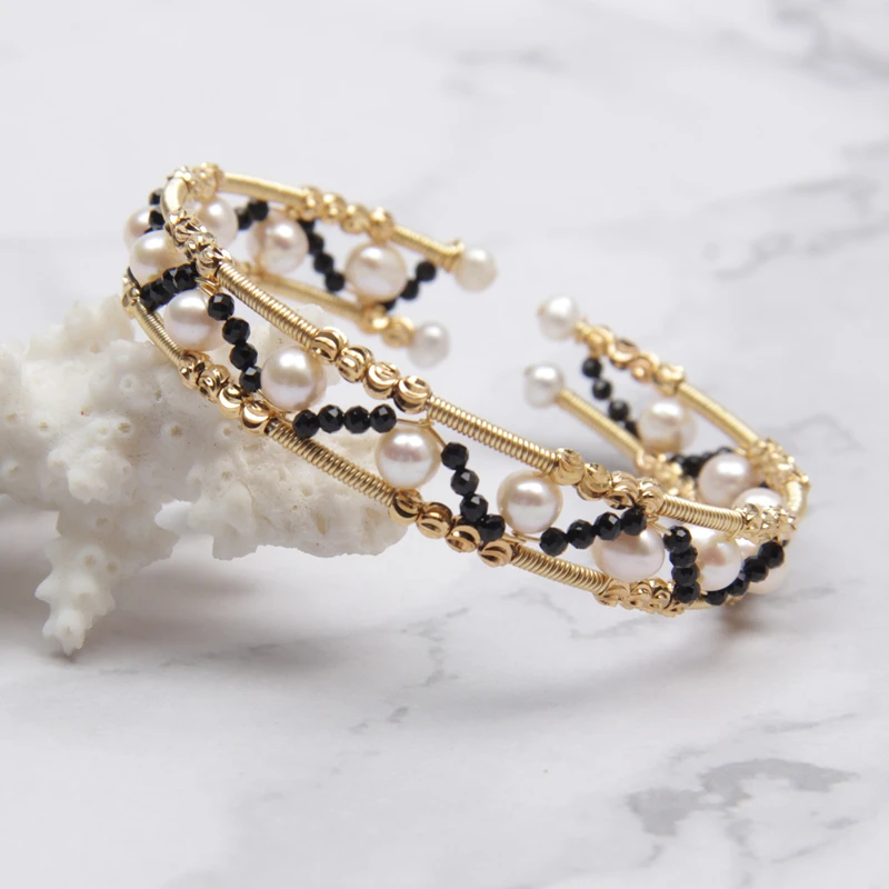 Handmade spinel freshwater pearl gold filled wire wrap pearl bracelet