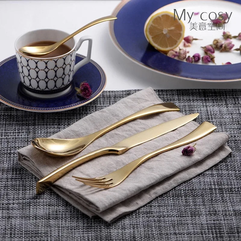 Stainless Steel Flatware Set Golden Spoon and Fork Thick Handle Gold Cutlery for Restaurant