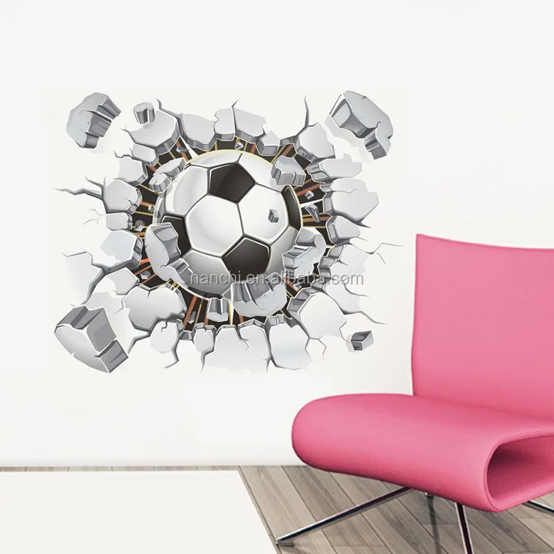 Football Soccer ball through the wall wall decals room decor 3d wall stickers kids boys room decoration