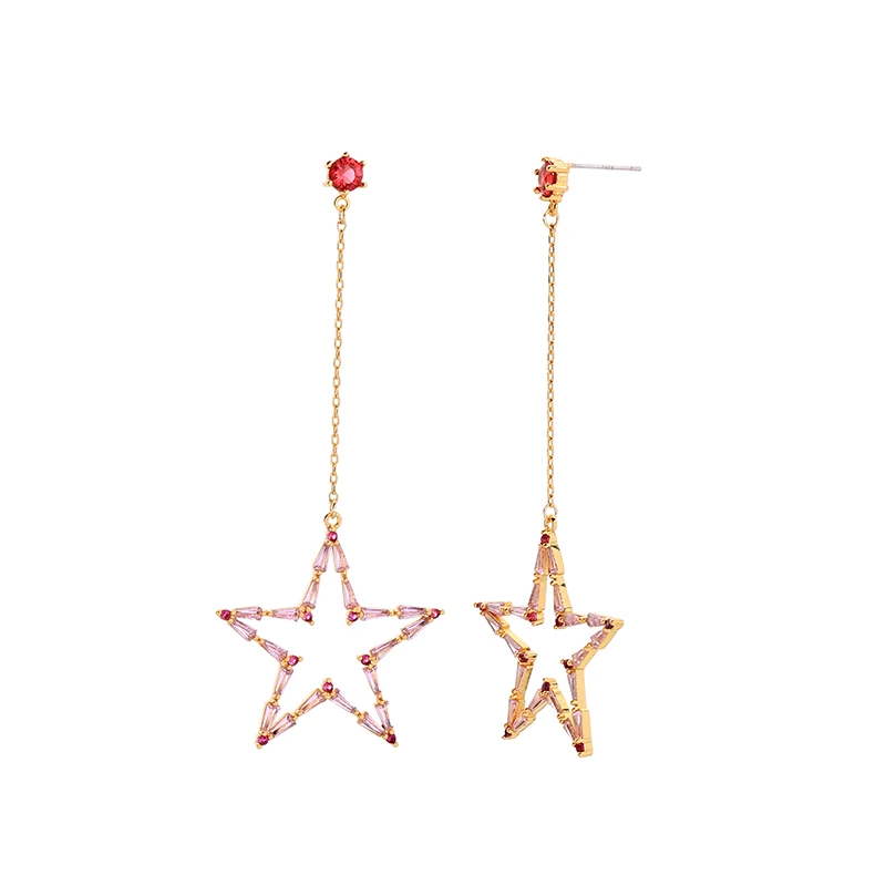 
New Korean Designs Handmade Jewelry long Dangle Brass CZ Star Zircon earrings 