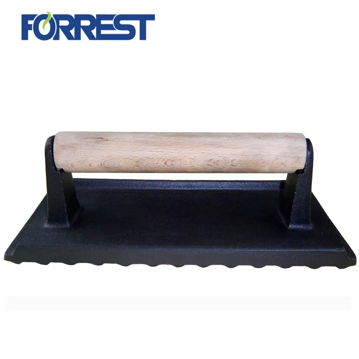 Cast Iron Steak Bacon Press with Wooden Handle for Meat Griddle Press