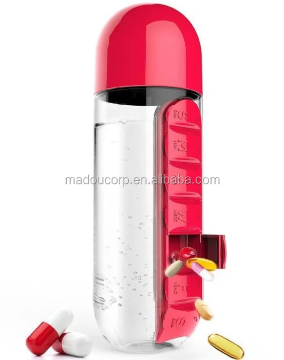 Madou Portable Water Bottle With Weekly Pill Organizer 600ml Pills Organizer Pill Box With 7 Day Weekly Water Bottle For Travel