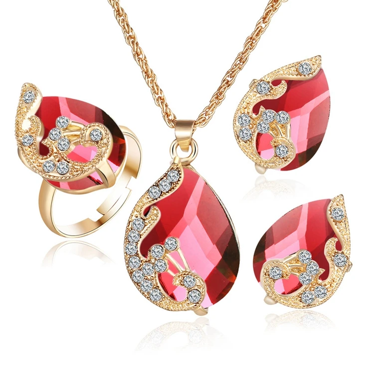 New Model Trendy Gold Tone Teardrop Gemstone Rhinestones Paved Necklace Earrings Ring Costume Jewelry Set