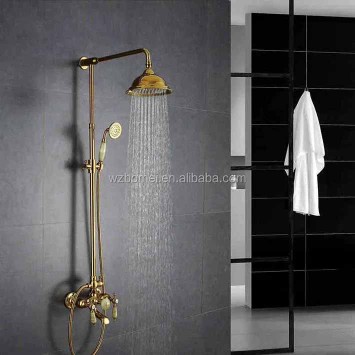 Gold plating shower mixer set with rainfall 8 inch brass shower head , ceramic handle , jade mixer