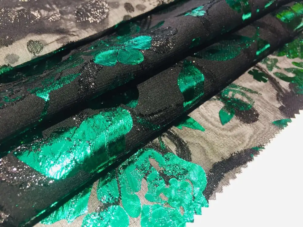High  quality 100% polyester woven Lurex jacquard green color foil print chiffon fabric