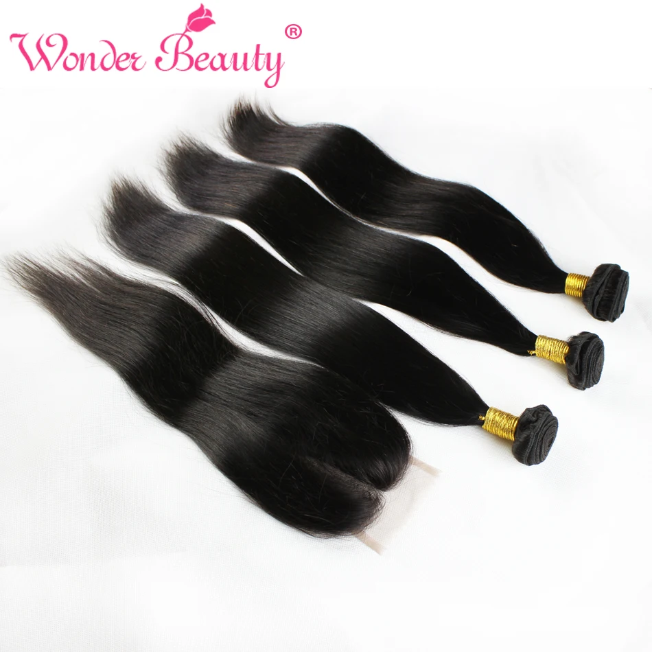 Peruvian Virgin Human Hair Straight With Closure 3 Bundles Wonder Beauty Straight Hair With Middle Free