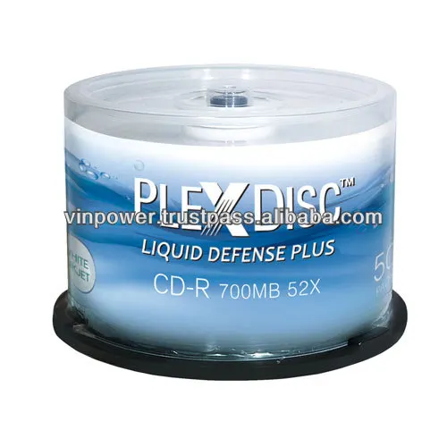 PlexDisc 52x 700MB Liquid Defense Plus Glossy White Inkjet Hub Printable CD-R 50 Packs Disc