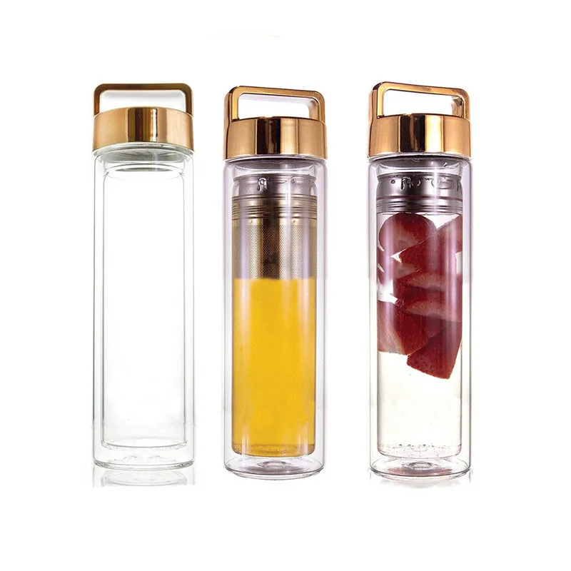 High Quality Double Wall Glass Water Bottle With Tea Infuser, Eco-Friendly BPA Free Glass Tea Cup With Custom Logo, Clean Brush