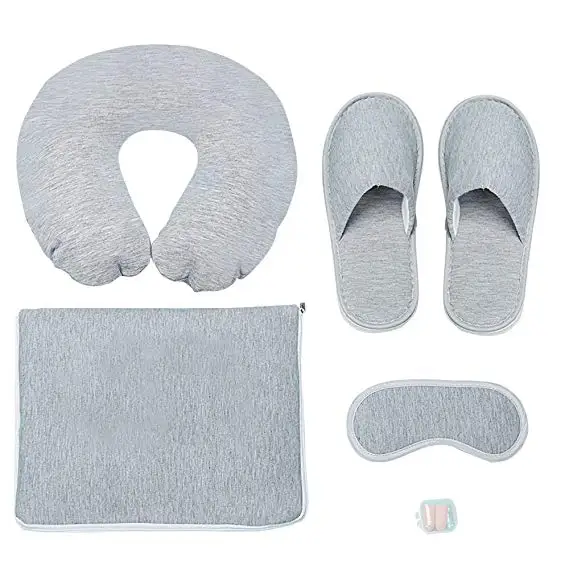 5pcs Travel Pillow Set for Business Trip, Inflatable Neck Pillow travel kit include slipper eyemask earplug