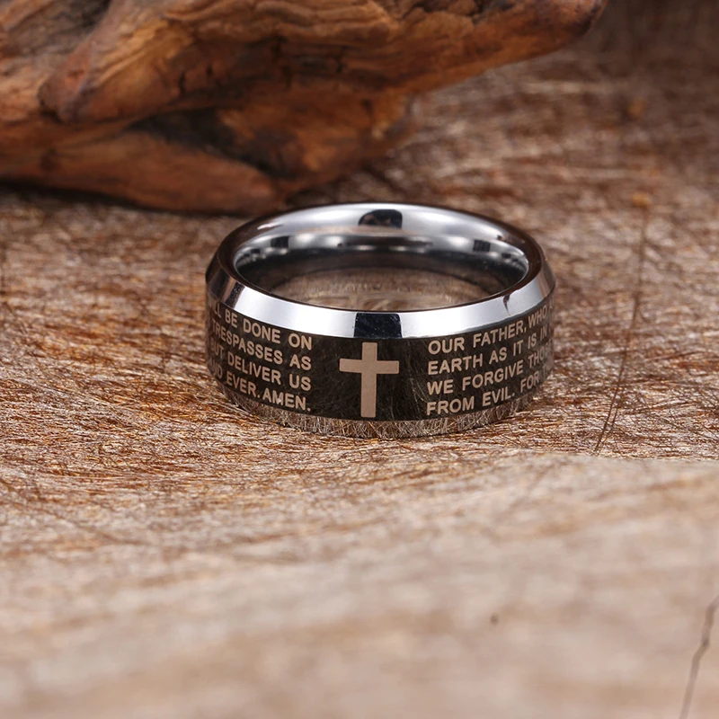 Christian Gift Accessories English Version Bible Jesus Cross Ring Tungsten Carbide Ring