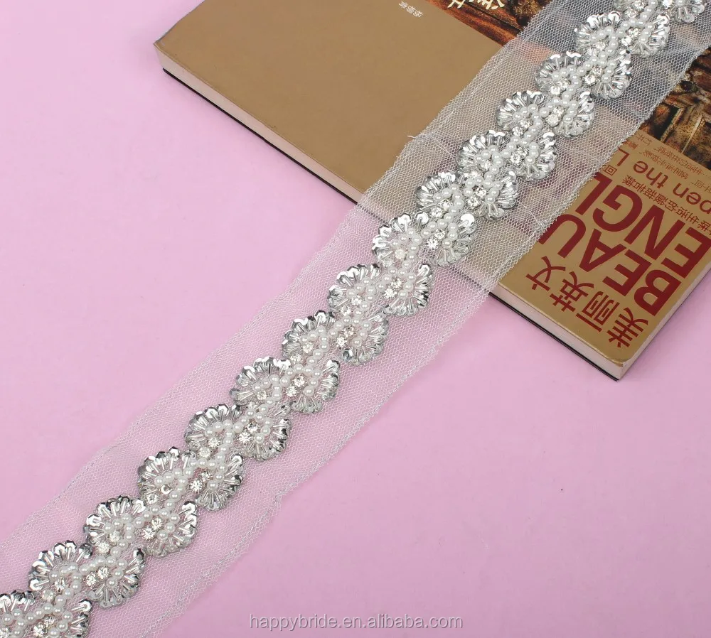Lace Imitation pearl Beaded Trim with Sequins Handmade LO10012