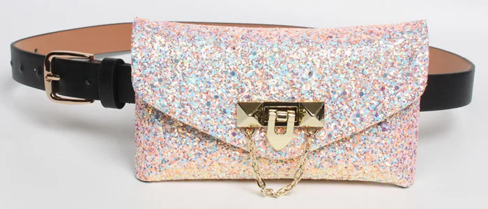 
wholesale Ladies glitter belt glitter pockets on thin belts glitter mobile phone belt women bag 