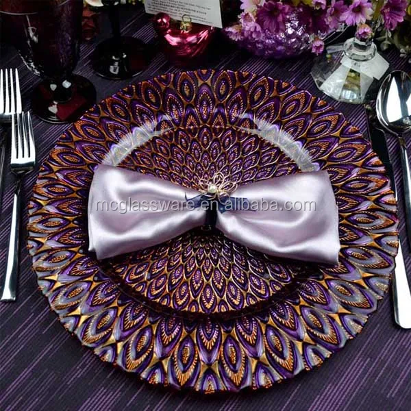 13 inch Cheap Decorative Wedding Events Catering Purple Peacock Charger Plates Wholesale
