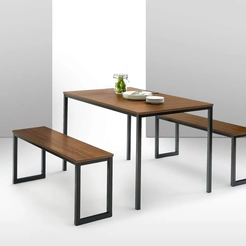 
Modern style dining table with two benches set wood top metal leg 