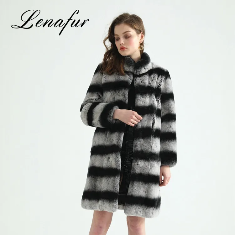 Fashion Custom Made Black Gray Stripe One Whole Leather Real Rabbit Fur Coat for Women