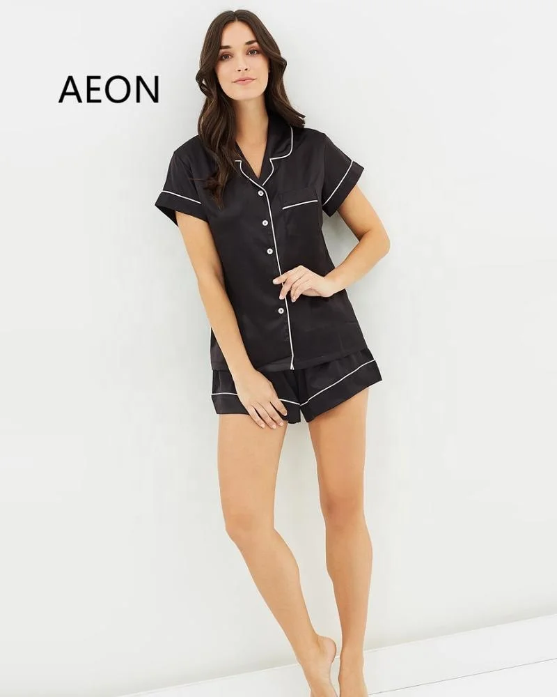 Luxury Blank Silky Satin Short Pyjamas Set For Women 2pcs Top and Shorts Pajama Set With Contrast Piping