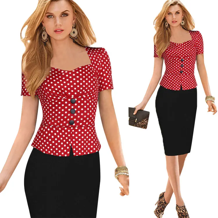 
In Stock Item Two Piece Office Dress Patchwork Dot Elegant Business Party Formal Bodycon Pencil Work Dresses 