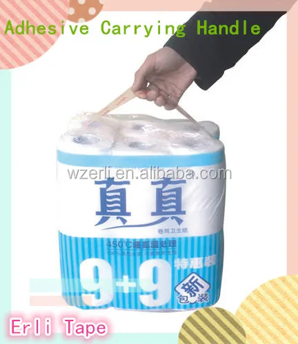 Adhesive carry handle belt for tissue roll or bottled water