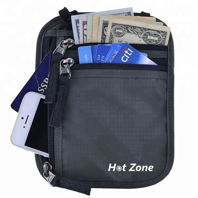 Nylon mesh neck wallet card passport holder bag belt rfid blocking travel neck pouch