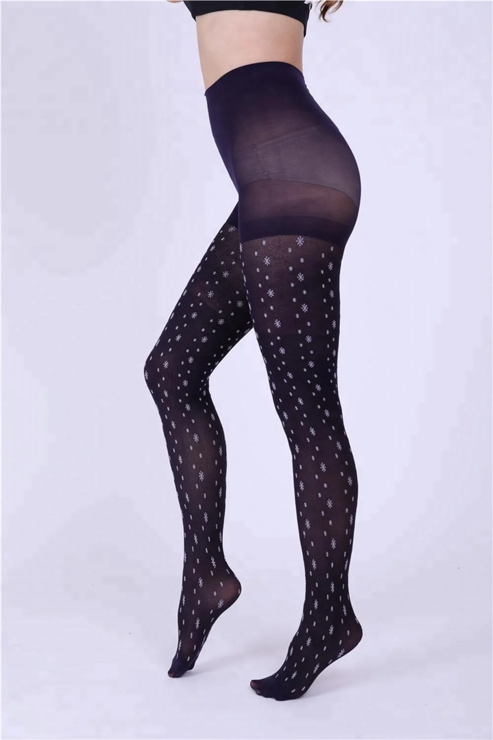Hot sale high elasticity soft breathable fabric winter female black snowflower  printed  stockings