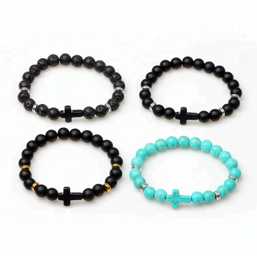 Fashion Acrylic Cross Turquoise Stones Agate Lava Stone Beaded Bracelet for women men