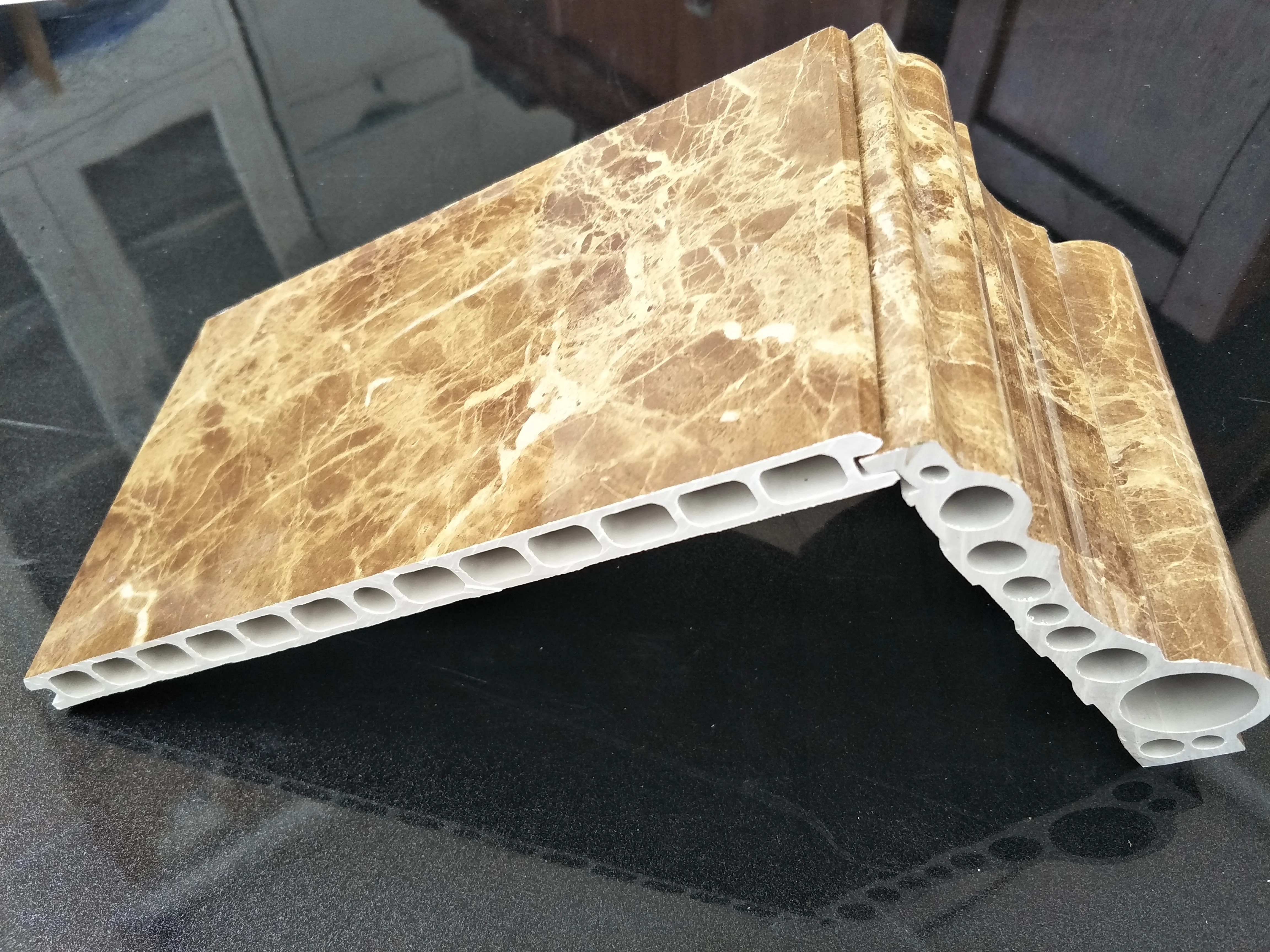 China High density Pvc Decoration Line for edifice elevator good price color marble  pvc baseboard skirting board