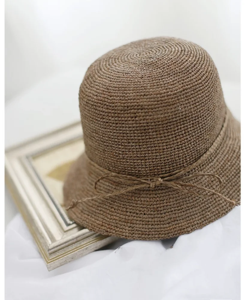 Hot sale custom plain raffia straw bucket hat cloche hat sun hat with bowknot ribbon