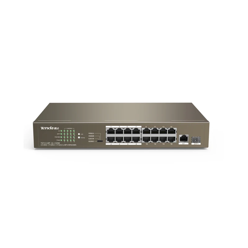 Tenda TEF1118P 16-port 100/1000Mbps gigabit poe smart ethernet network desktop router switch China produceWholesale Support oem