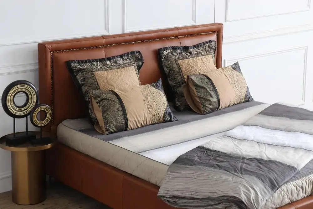 vintage brown leather europe style hotel project  high headboard  king size bed