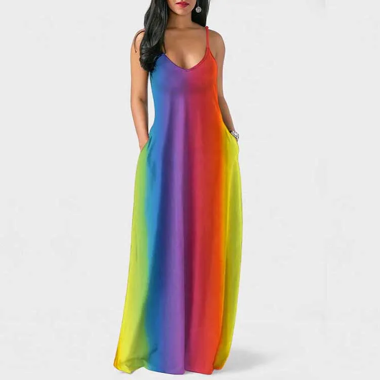 Hanging Neck long Rainbow Polynesian Dress Sleeveless Tie Dye Hawaiian Summer Dress Sun Dresses