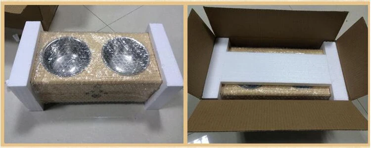 dog wooden dining-table with two ceramic bowls