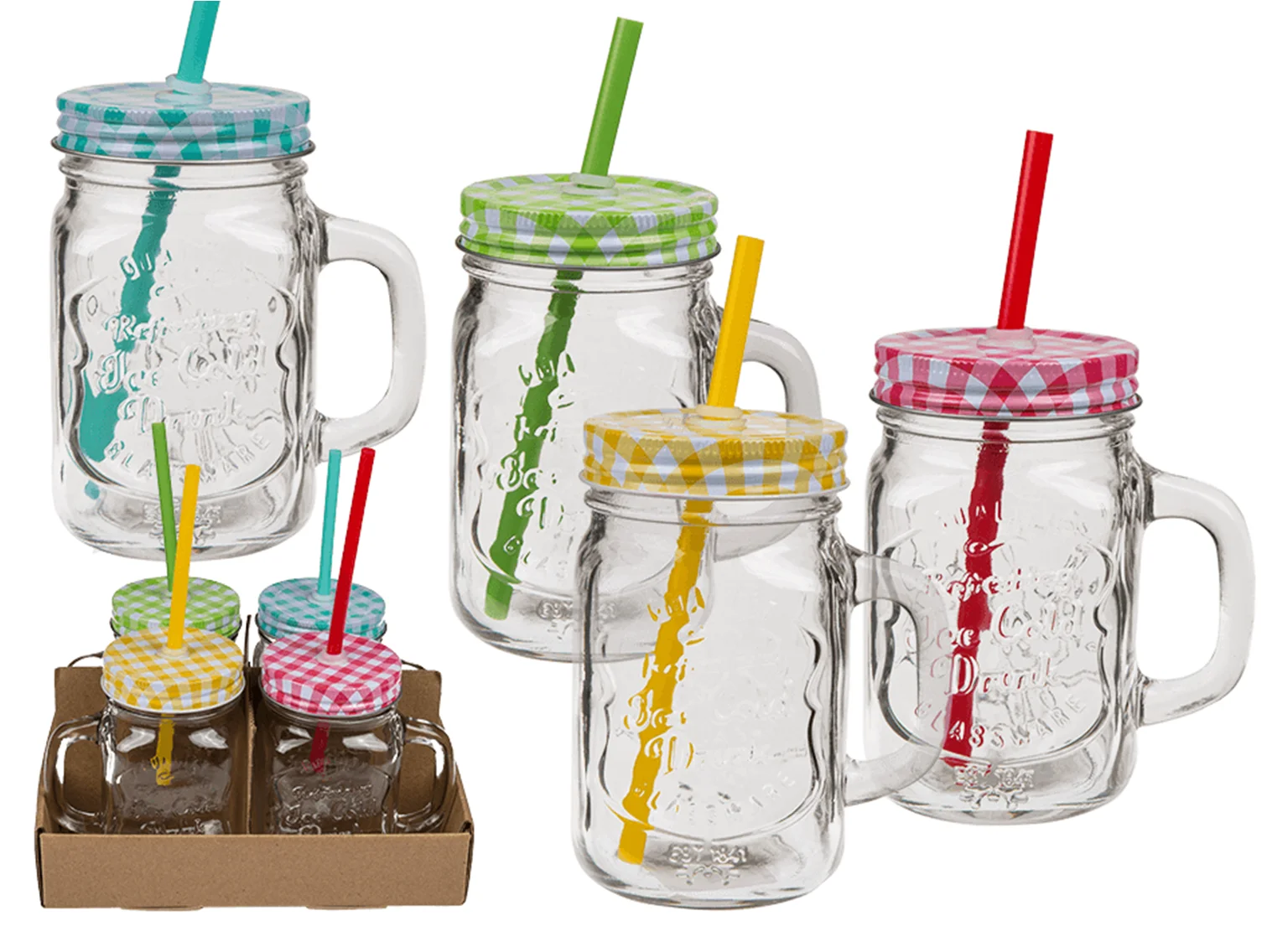 Mason Glass Jam Jar Drinking Mug With Plastic Straw & Lid